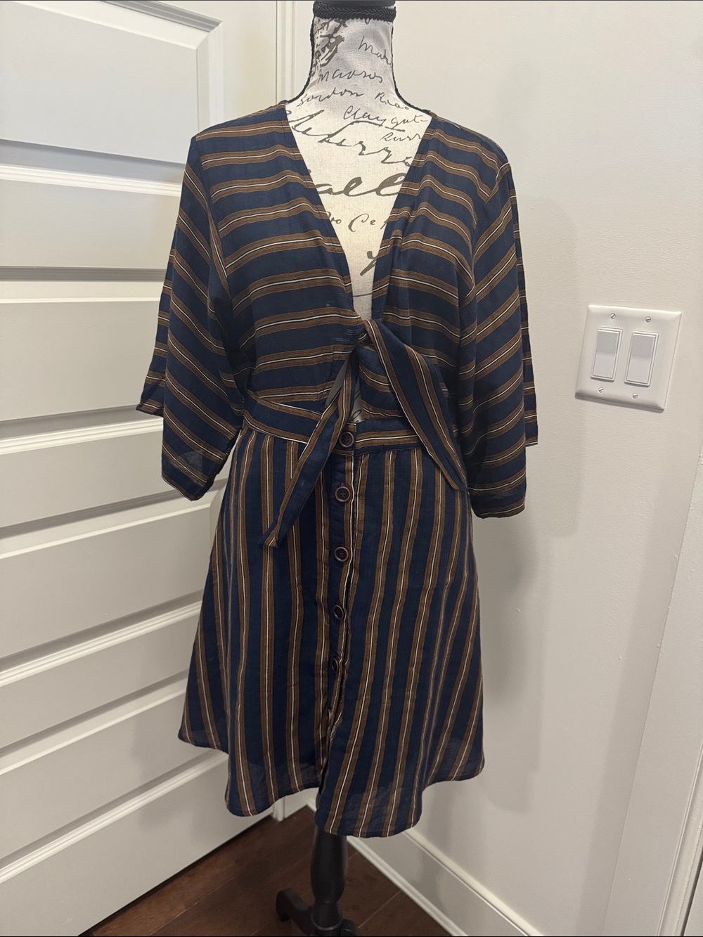 Striped Navy and Tan Tie-Front Mini Dress
